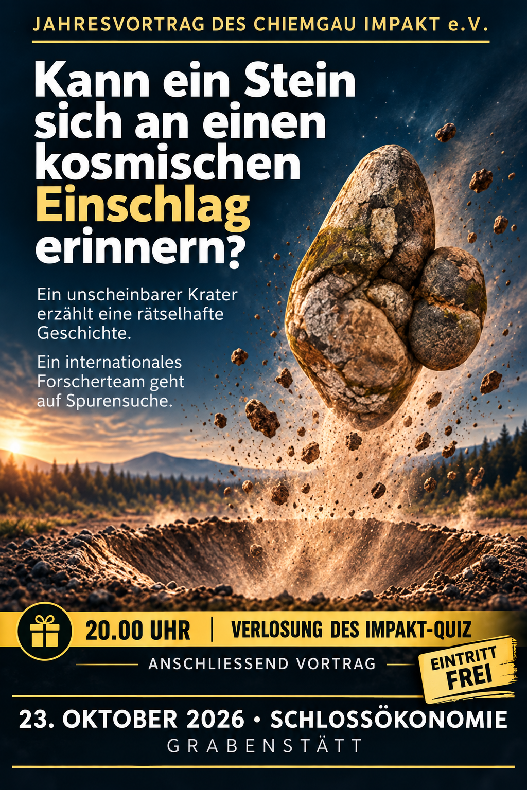 Plakat zum Jahresvortrag Kann ein Stein sich an einen kosmischen Einschlag erinnern? am 23. Oktober 2026 in der Schloßökonomie Grabenstätt